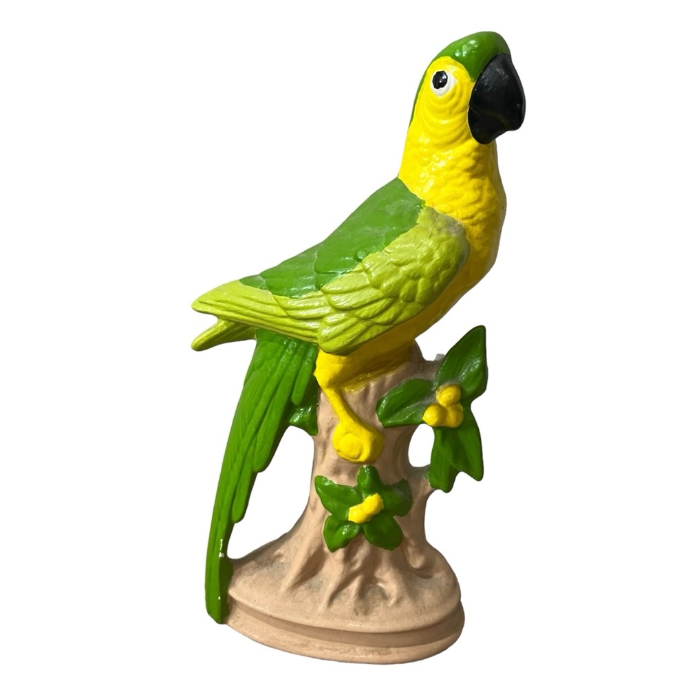 Vintage 9” Ceramic Green YELLOW Parrot Macaw Bird Branch Figurine Japan MCM